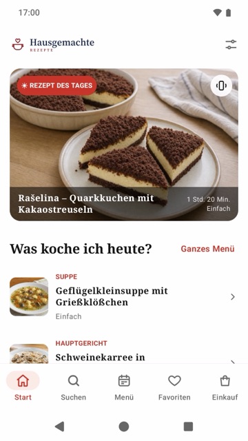 Die App Hausgemachte Rezepte für Android: Startseite mit dem Rezept des Tages